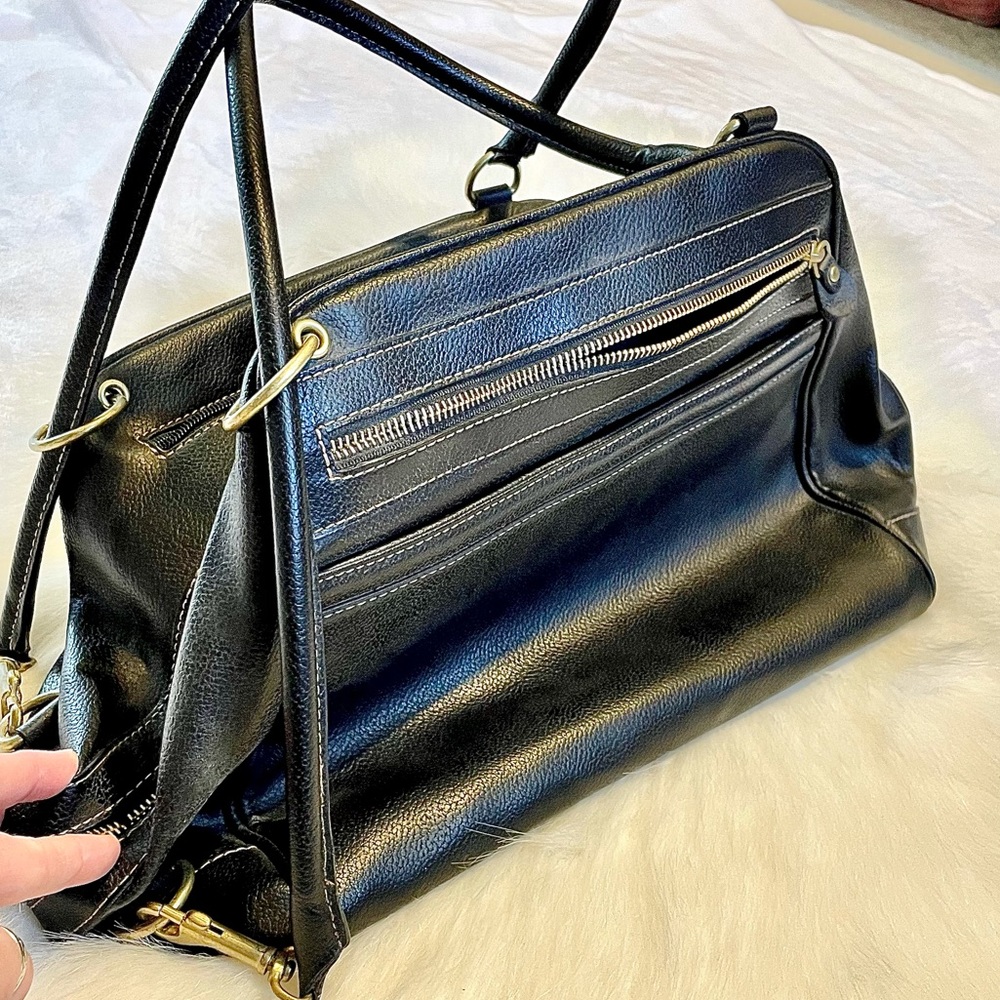 Jones New York black, leather, satchel with multiple pockets and gold hardware.